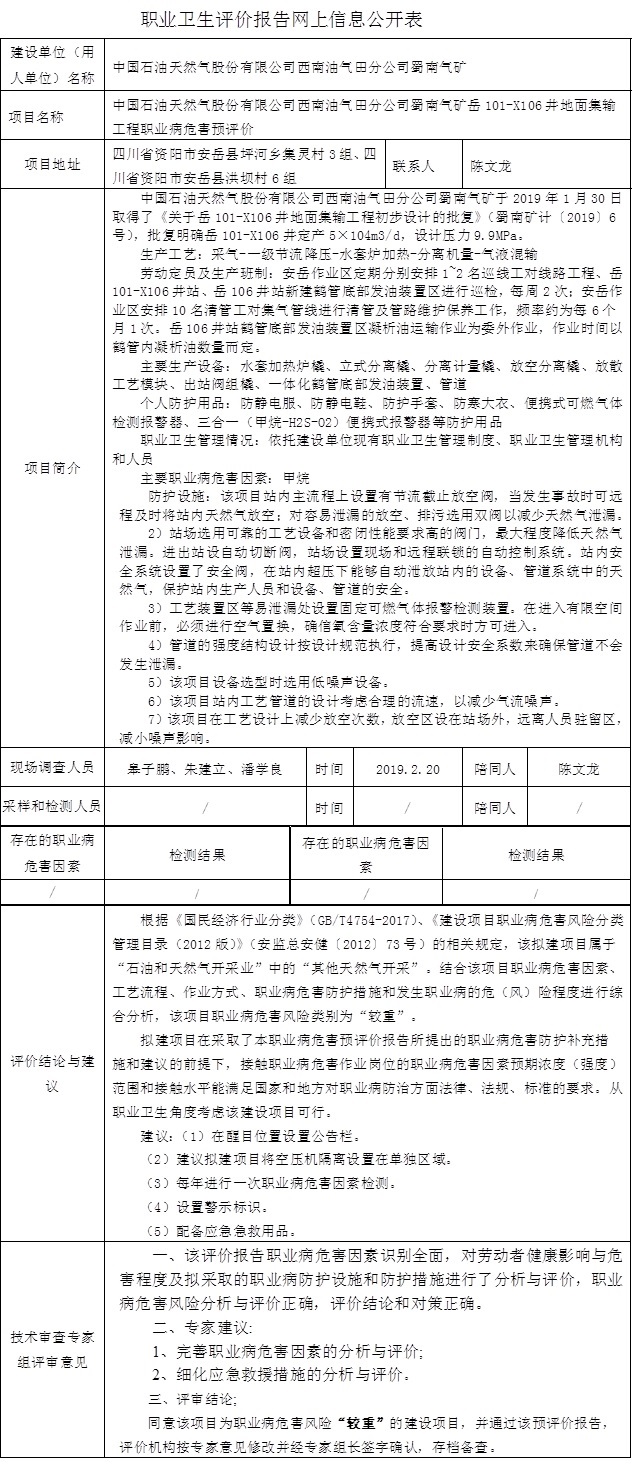 中國石油天然氣股份有限公司西南油氣田分公司蜀南氣礦岳101-X106井地面集輸工程職業病危害預評價.jpg