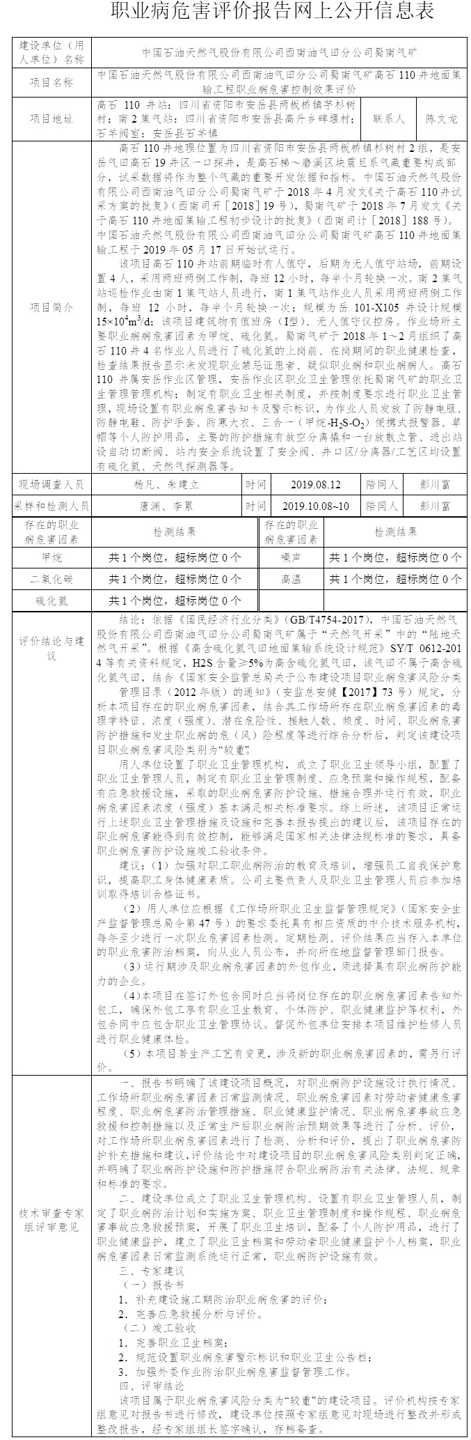 中國石油天然氣股份有限公司西南油氣田分公司蜀南氣礦高石110井地面集輸工程職業病危害控制效果評價.jpg