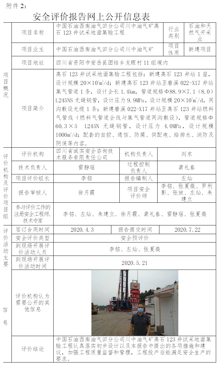 中國石油西南油氣田分公司川中油氣礦高石123井試采地面集輸工程安全預評價.jpg