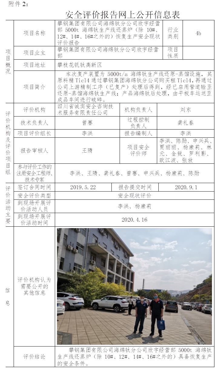 攀鋼集團有限公司海綿鈦分公司欣宇經營部5000t海綿鈦生產線還蒸爐（除10#、12#、14#、16#之外的）恢復生產安全現狀評價.jpg