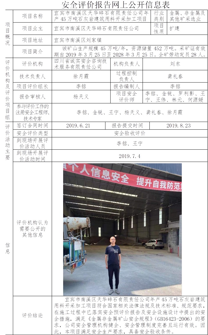 宜賓市南溪區天華碎石有限責任公司年產45萬噸石灰巖建筑用料開采加工項目安全驗收評價.jpg
