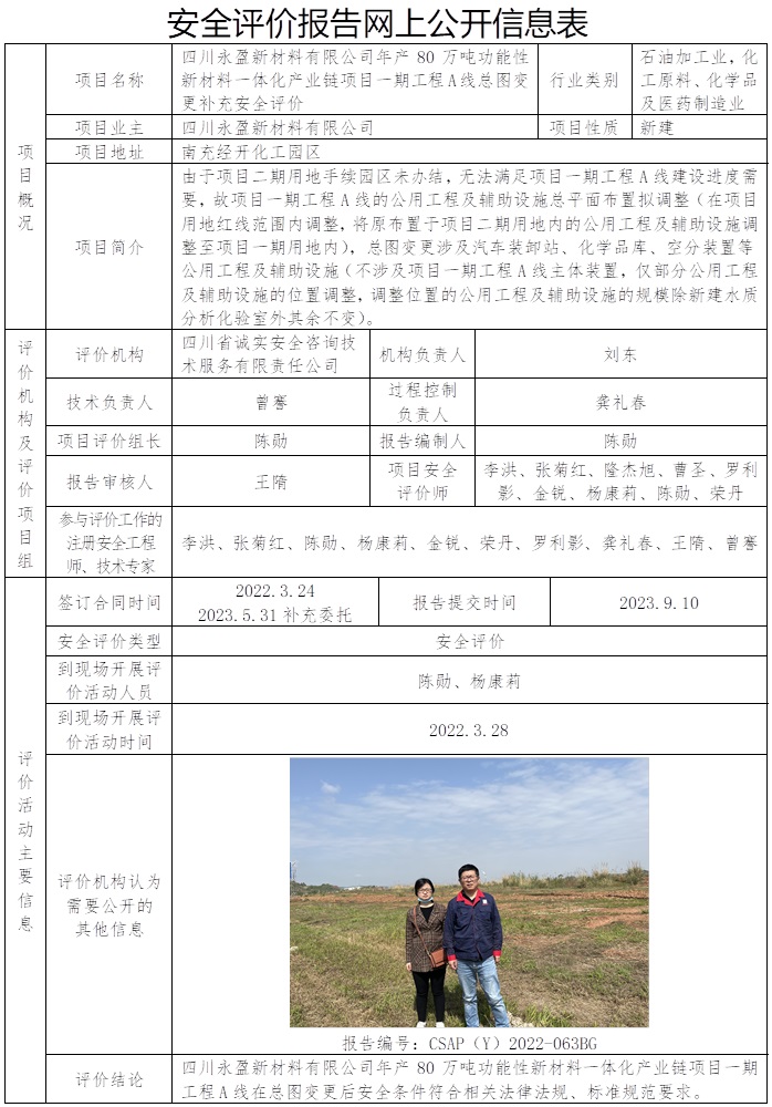 CSAP（Y）2022-063BG  四川永盈新材料有限公司年產80萬噸功能性新材料一體化產業鏈項目一期工程A線總圖變更補充安全評價報告.jpg