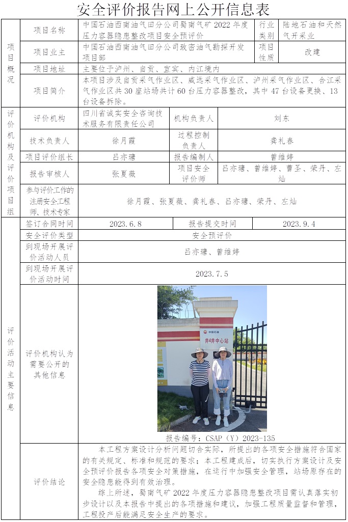 CSAP（Y）2023-135 中國石油西南油氣田分公司蜀南氣礦2022年度壓力容器隱患整改項目安全預評價報告.jpg