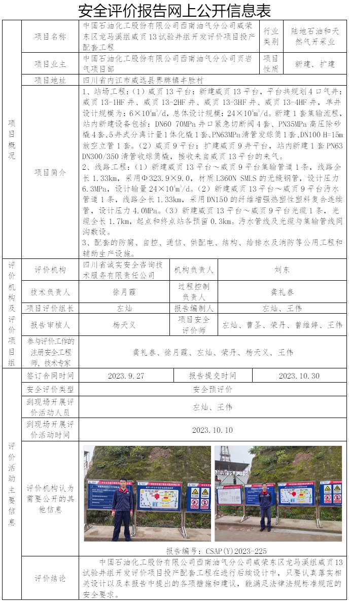 CSAP（Y）2023-225 中國石油化工股份有限公司西南油氣分公司威榮東區龍馬溪組威頁13試驗井組開發評價項目投產配套工程安全預評價報告.jpg