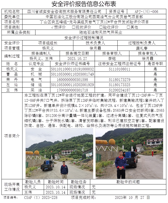 CSAP（Y）2023-228 中國石油化工股份有限公司西南油氣分公司丁山區塊五峰組-龍馬溪組頁巖氣丁頁12#平臺開發試驗評價項目安全預評價報告.jpg