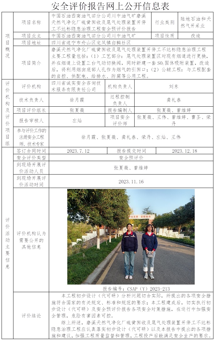 CSAP（Y）2023-213 中國石油西南油氣田分公司川中油氣礦磨溪天然氣凈化廠硫黃回收及尾氣處理裝置開停工不達標隱患治理工程安全預評價.jpg