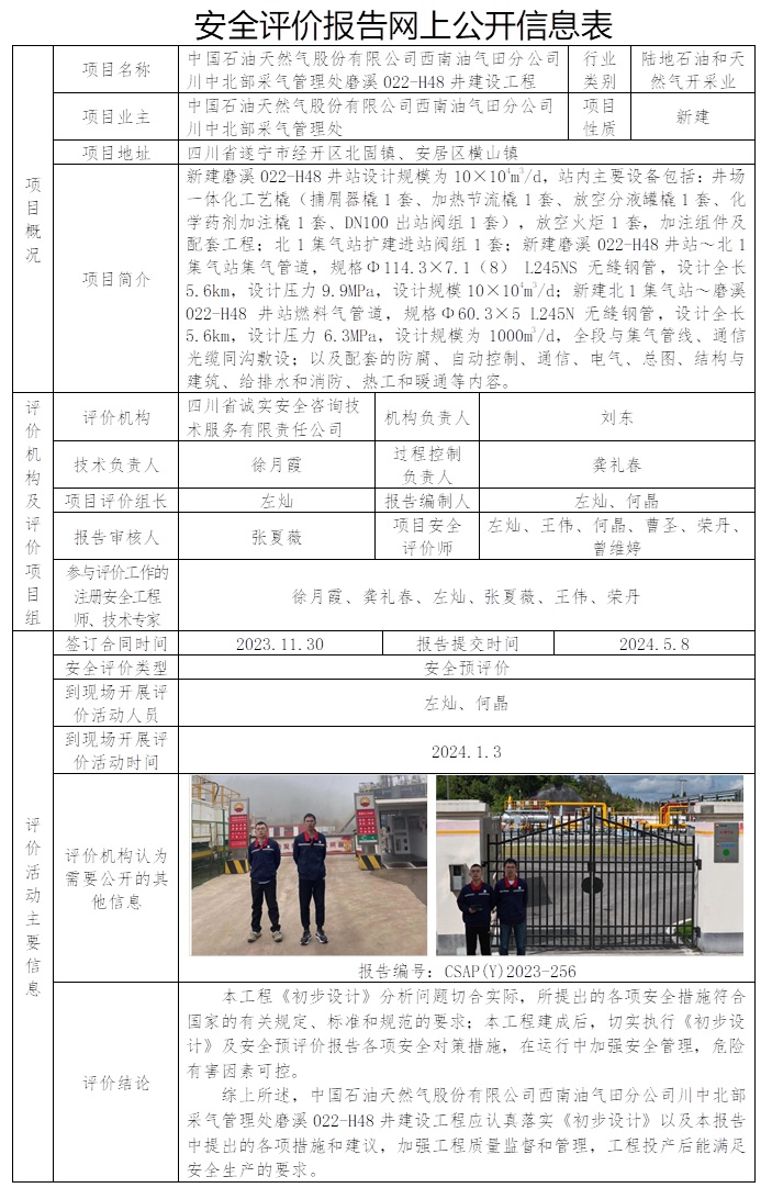 CSAP（Y）2023-256 中國石油天然氣股份有限公司西南油氣田分公司川中北部采氣管理處磨溪022-H48井建設工程安全預評價報告.jpg