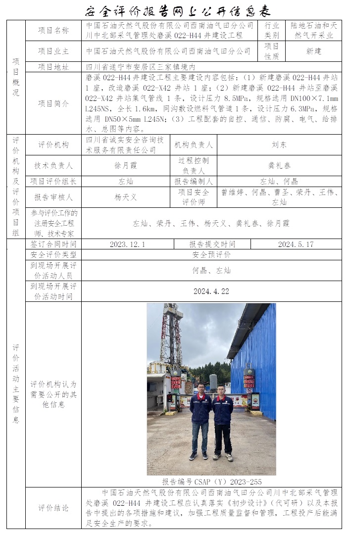 CSAP（Y)2023-255 中國石油天然氣股份有限公司西南油氣田分公司川中北部采氣管理處磨溪022-H44井建設工程安全預評價.jpg