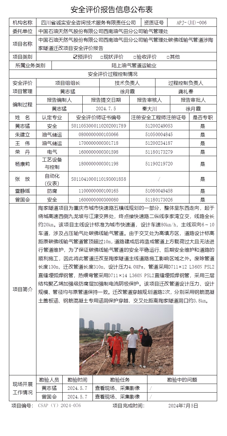 CSAP（Y）2024-076 中國石油天然氣股份有限公司西南油氣田分公司輸氣管理處碳佛線輸氣管道涉陶家隧道遷改項目安全評價報告.jpg