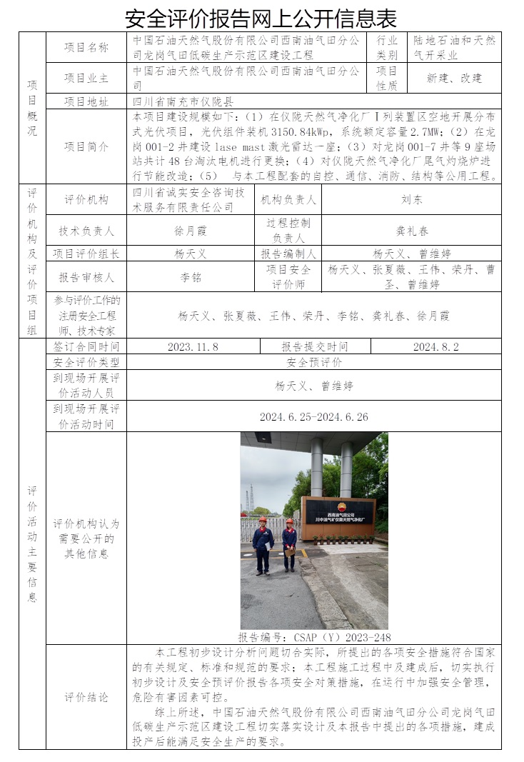 CSAP（Y）2023-248 中國石油天然氣股份有限公司西南油氣田分公司龍崗氣田低碳生產示范區(qū)建設工程安全預評價.jpg