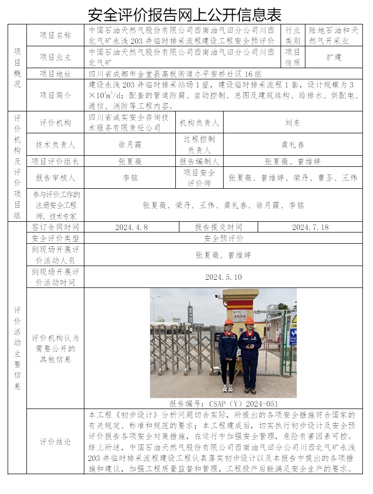 CSAP（Y）2024-051 中國石油天然氣股份有限公司西南油氣田分公司川西北氣礦永淺203井臨時排采流程建設(shè)工程安全預(yù)評價.jpg