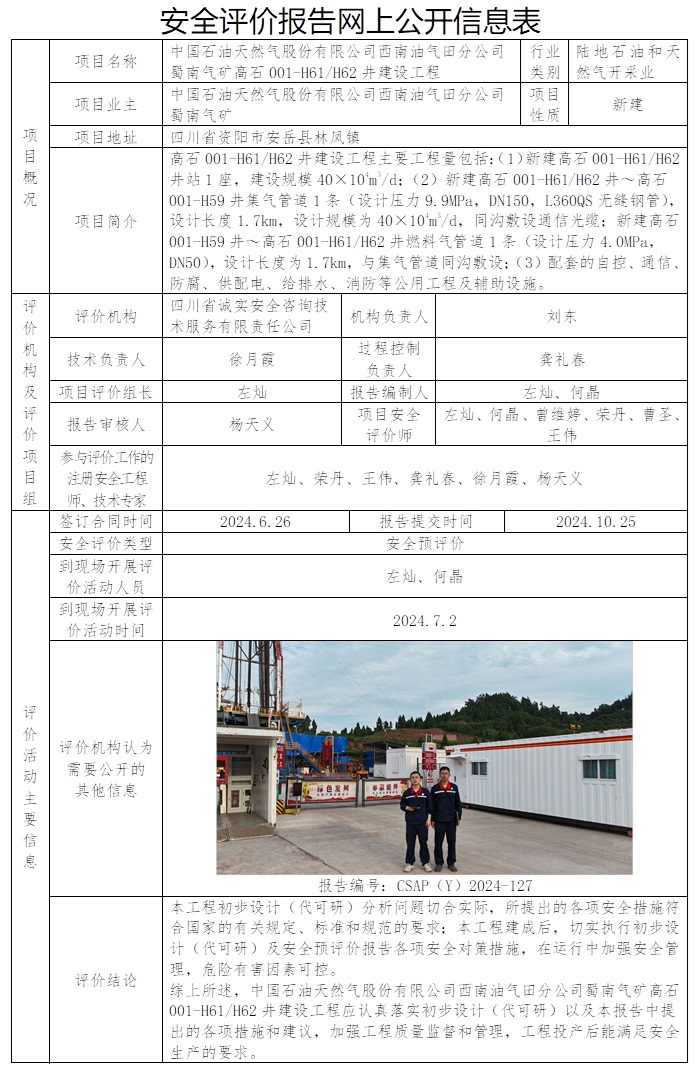 CSAP（Y）2024-127 中國石油天然氣股份有限公司西南油氣田分公司蜀南氣礦高石001-H61H62井建設工程安全預評價.jpg